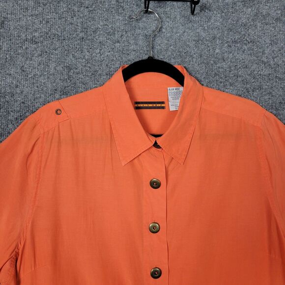 ALAIN WEIZ Orange Silk Blend Short Sleeve Epaulet Collared Button Up Top SIZE 16 - Picture 5 of 12